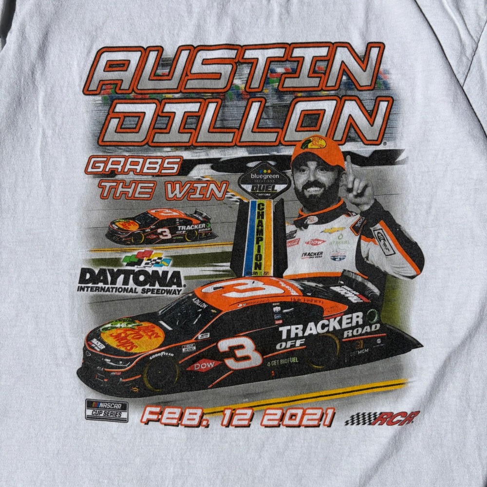 Austin Dillon NASCAR 2021 Daytona Win T-Shirt White Mens XL RCR Tracker 3 Tee - Picture 2 of 4